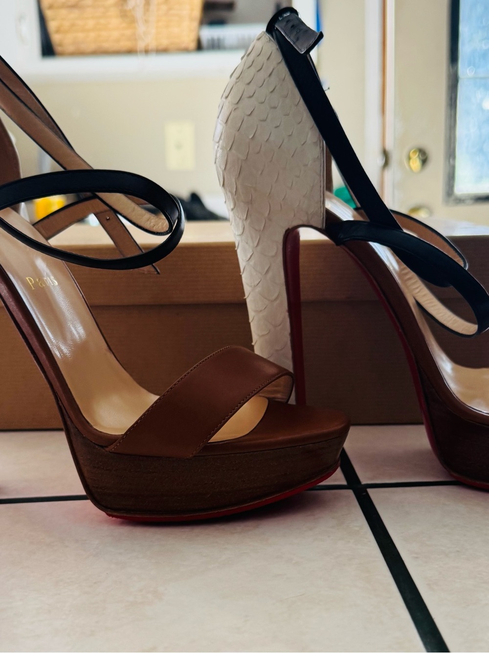 Christian Louboutin Brown, Black and White Platform Sandals
